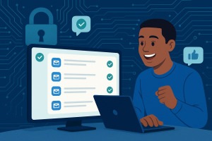 Illustration of dashboard rendering sms logs in a locked circuit board design setting, with a happy mood.