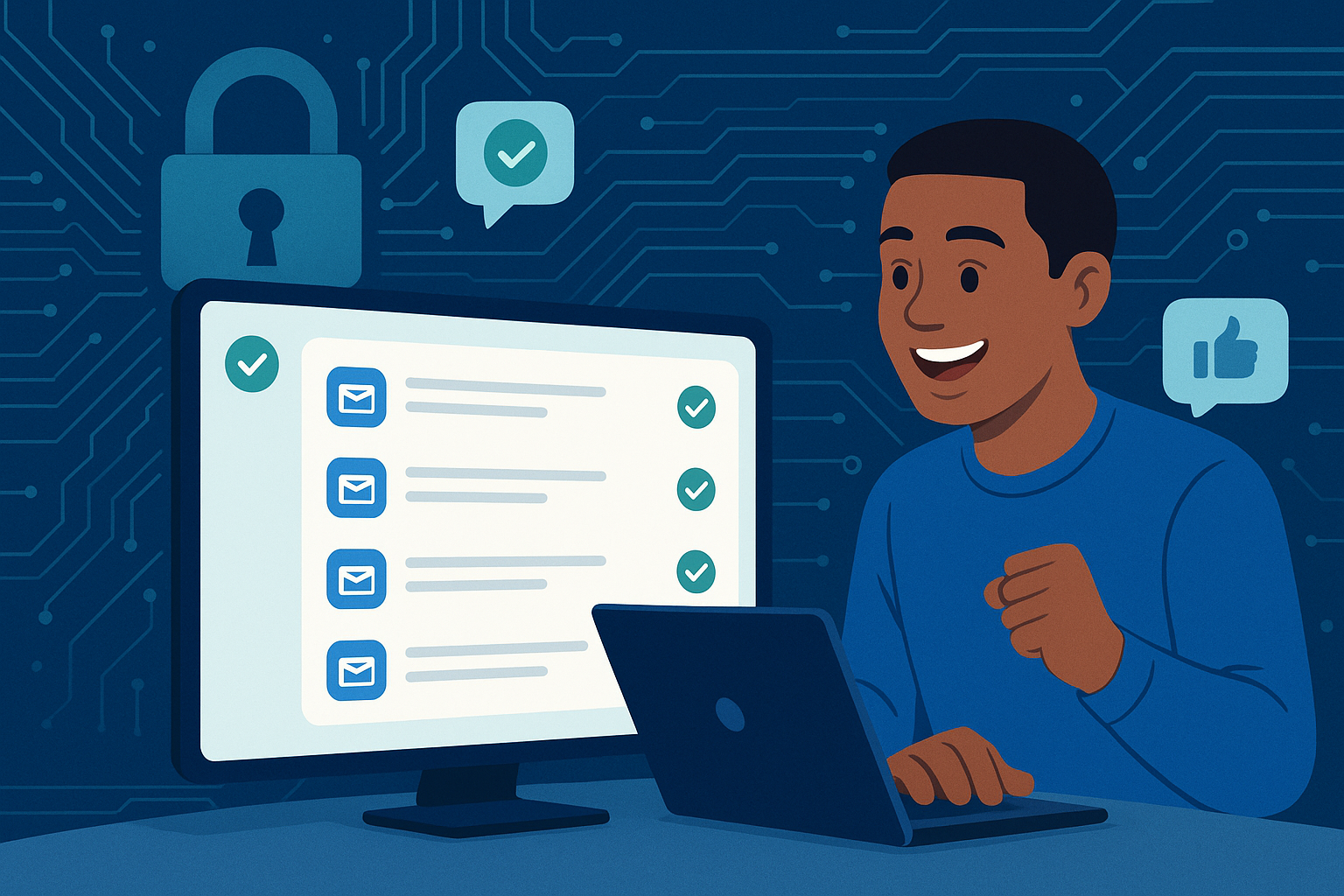 Illustration of dashboard rendering sms logs in a locked circuit board design setting, with a happy mood.