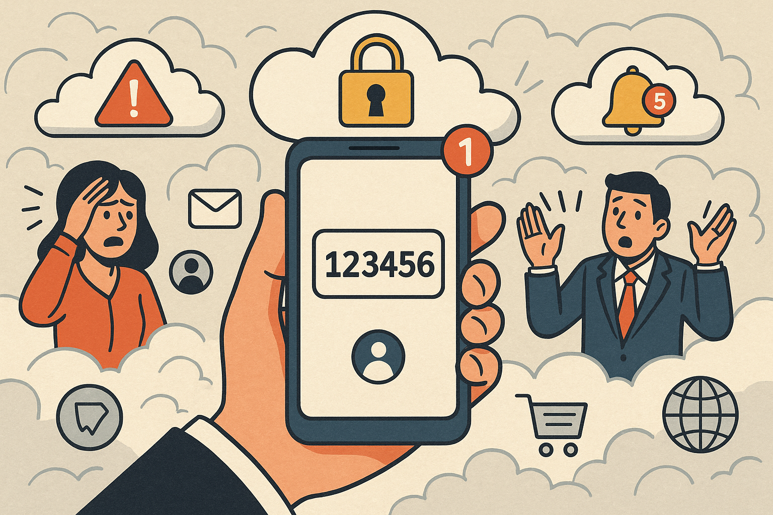 Illustration of hand holding smartphone with otp code in a cloud technology overlay setting, with a determined mood.