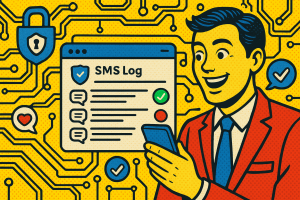 Illustration of dashboard rendering sms logs in a locked circuit board design setting, with a happy mood.