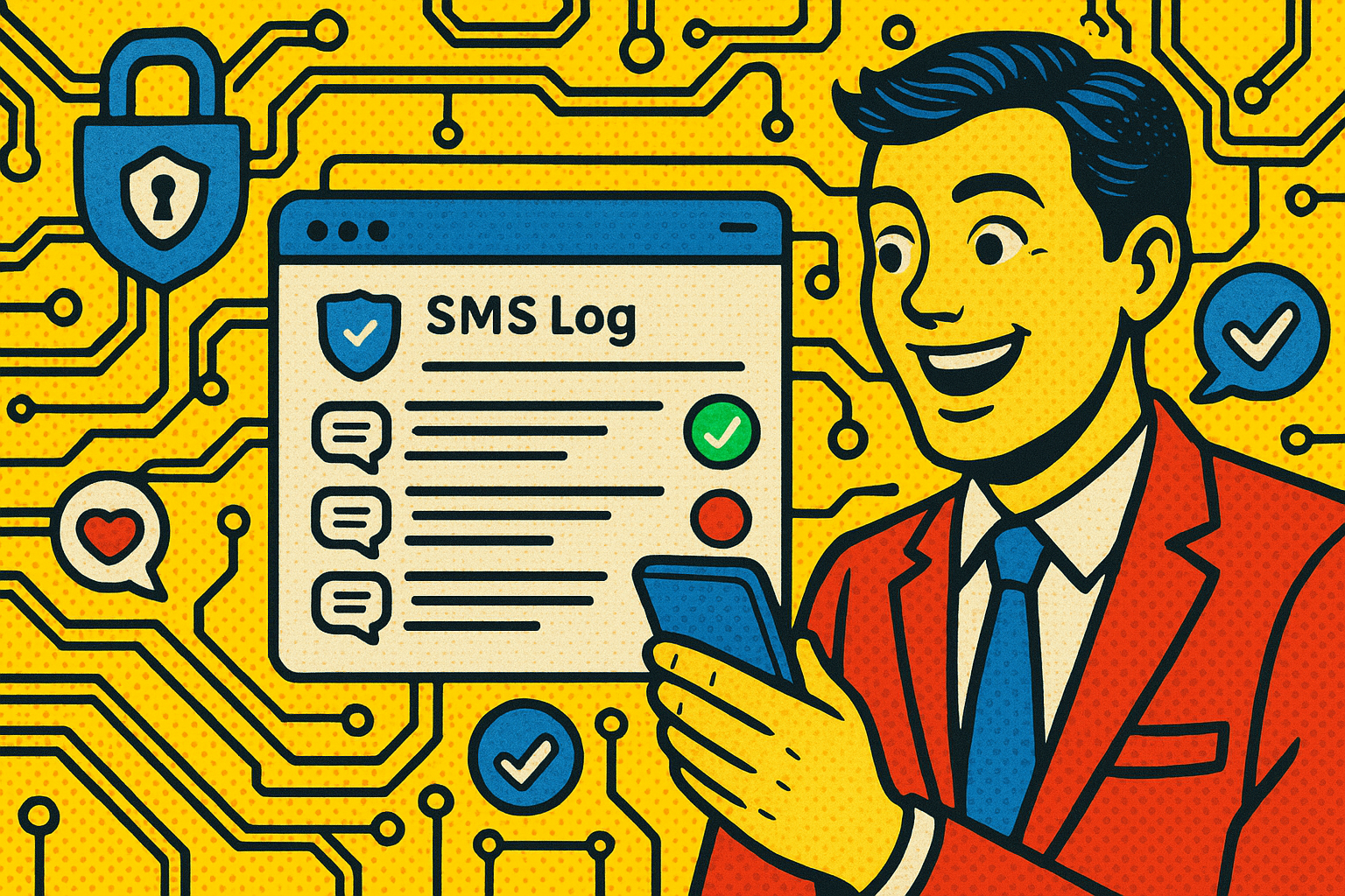 Illustration of dashboard rendering sms logs in a locked circuit board design setting, with a happy mood.