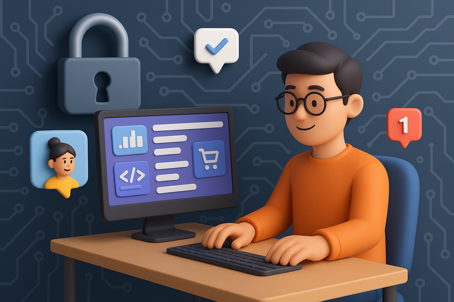 Illustration of developer working at computer screen in a locked circuit board design setting, with a relaxed mood.