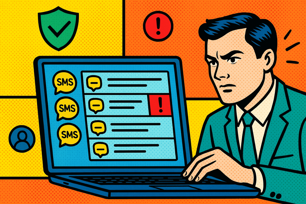 Illustration of dashboard rendering sms logs in a secure sms transmission visual setting, with a determined mood.