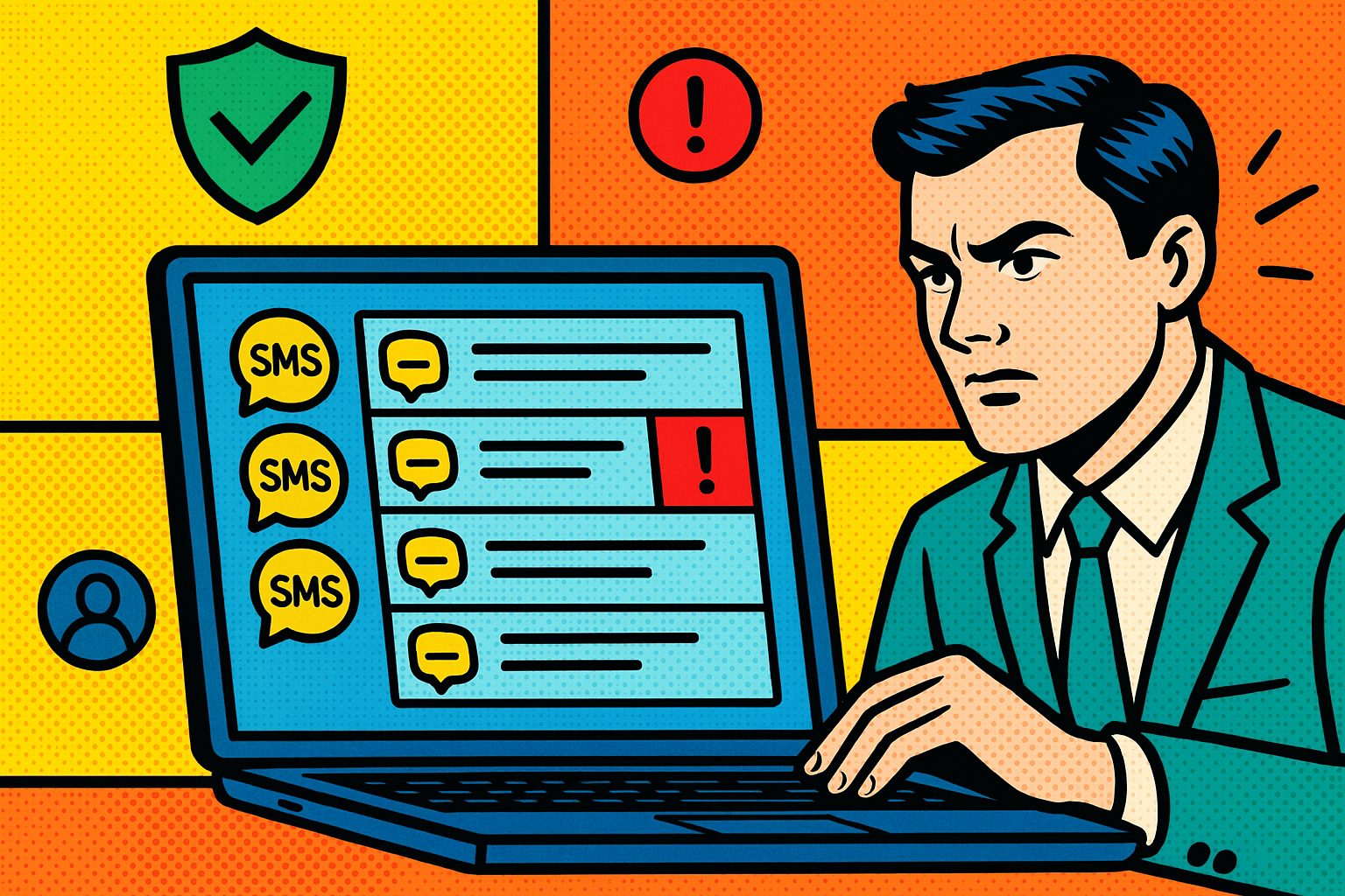 Illustration of dashboard rendering sms logs in a secure sms transmission visual setting, with a determined mood.