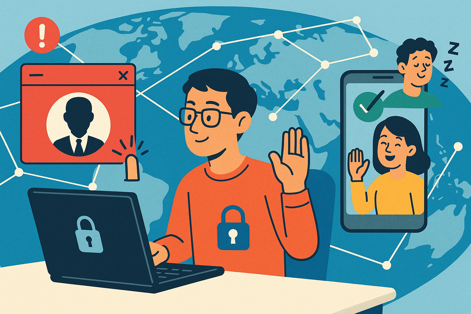 Illustration of developer working at computer screen in a global map with connection nodes setting, with a relaxed mood.