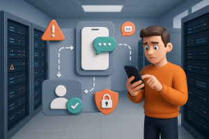 Illustration of sms api integration diagram in a data center interior setting, with a determined mood.