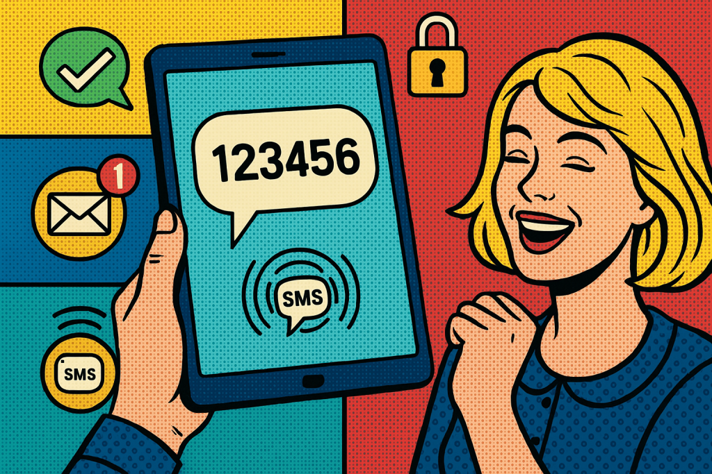 Illustration of otp message displayed on tablet in a secure sms transmission visual setting, with a happy mood.