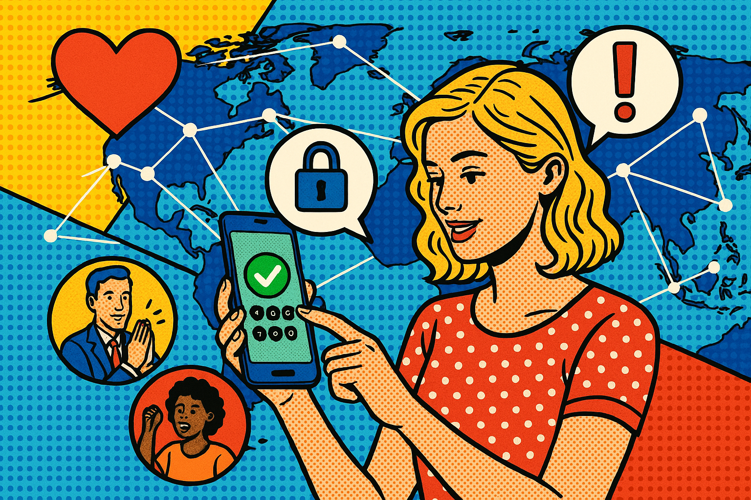 Illustration of user verifying login on app in a global map with connection nodes setting, with a inspired mood.
