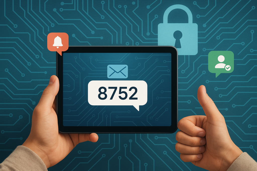 Illustration of otp message displayed on tablet in a locked circuit board design setting, with a relaxed mood.