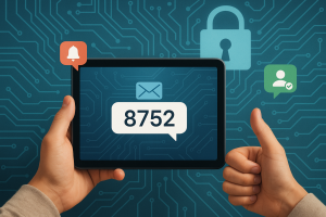 Illustration of otp message displayed on tablet in a locked circuit board design setting, with a relaxed mood.
