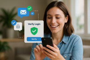 Illustration of user verifying login on app in a secure sms transmission visual setting, with a happy mood.