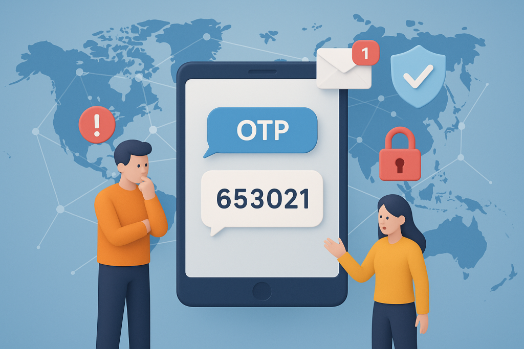Illustration of otp message displayed on tablet in a global map with connection nodes setting, with a focused mood.