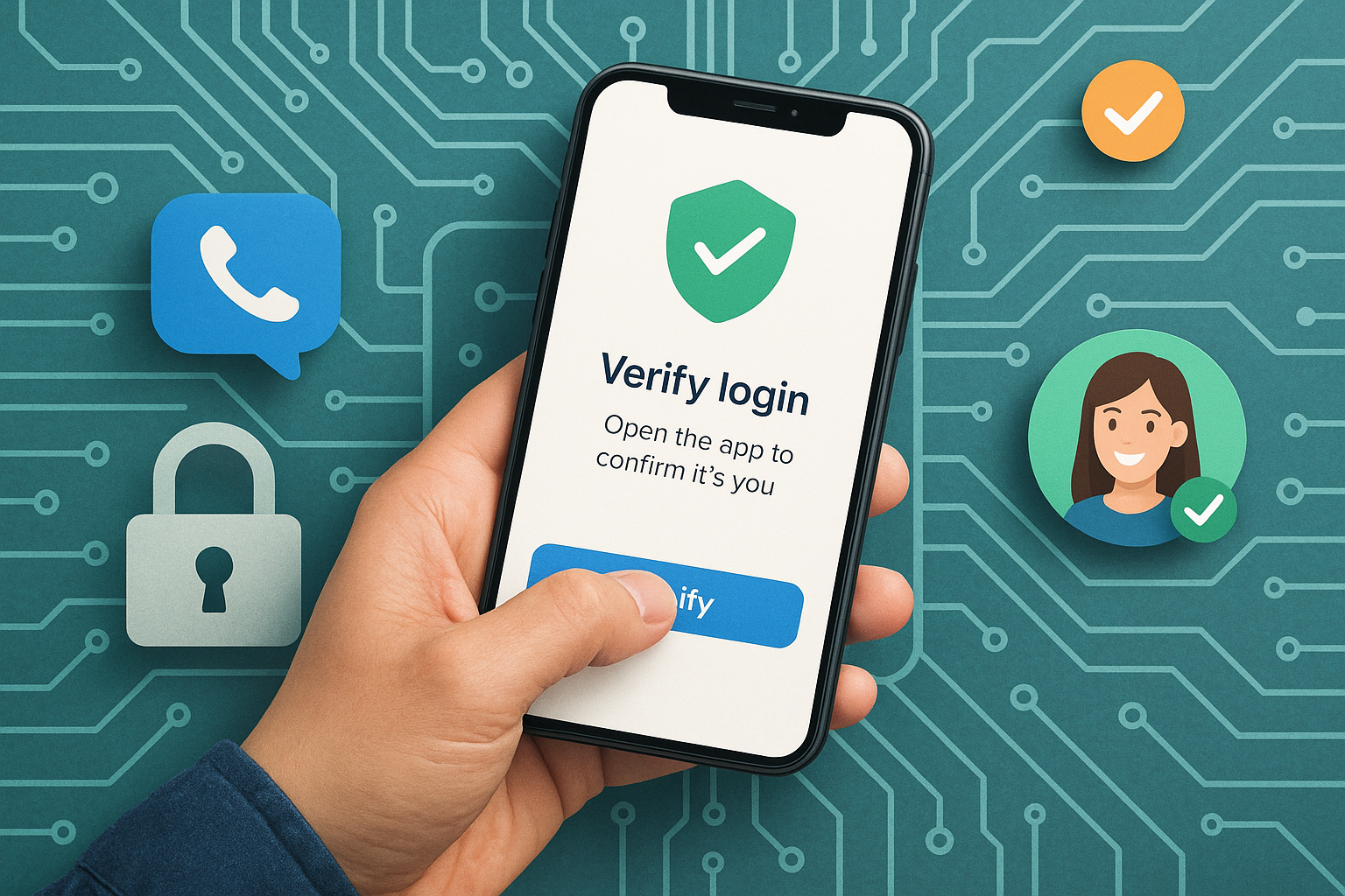 Illustration of user verifying login on app in a locked circuit board design setting, with a happy mood.