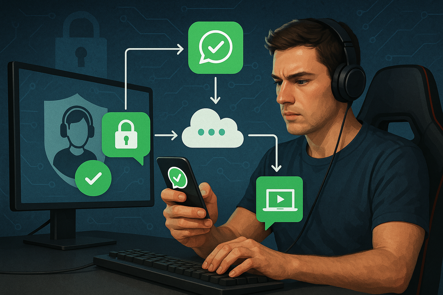 Illustration of sms api integration diagram in a abstract cybersecurity pattern setting, with a determined mood.