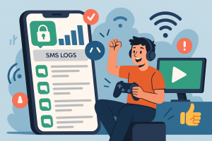 Illustration of dashboard rendering sms logs in a mobile signal icons setting, with a happy mood.