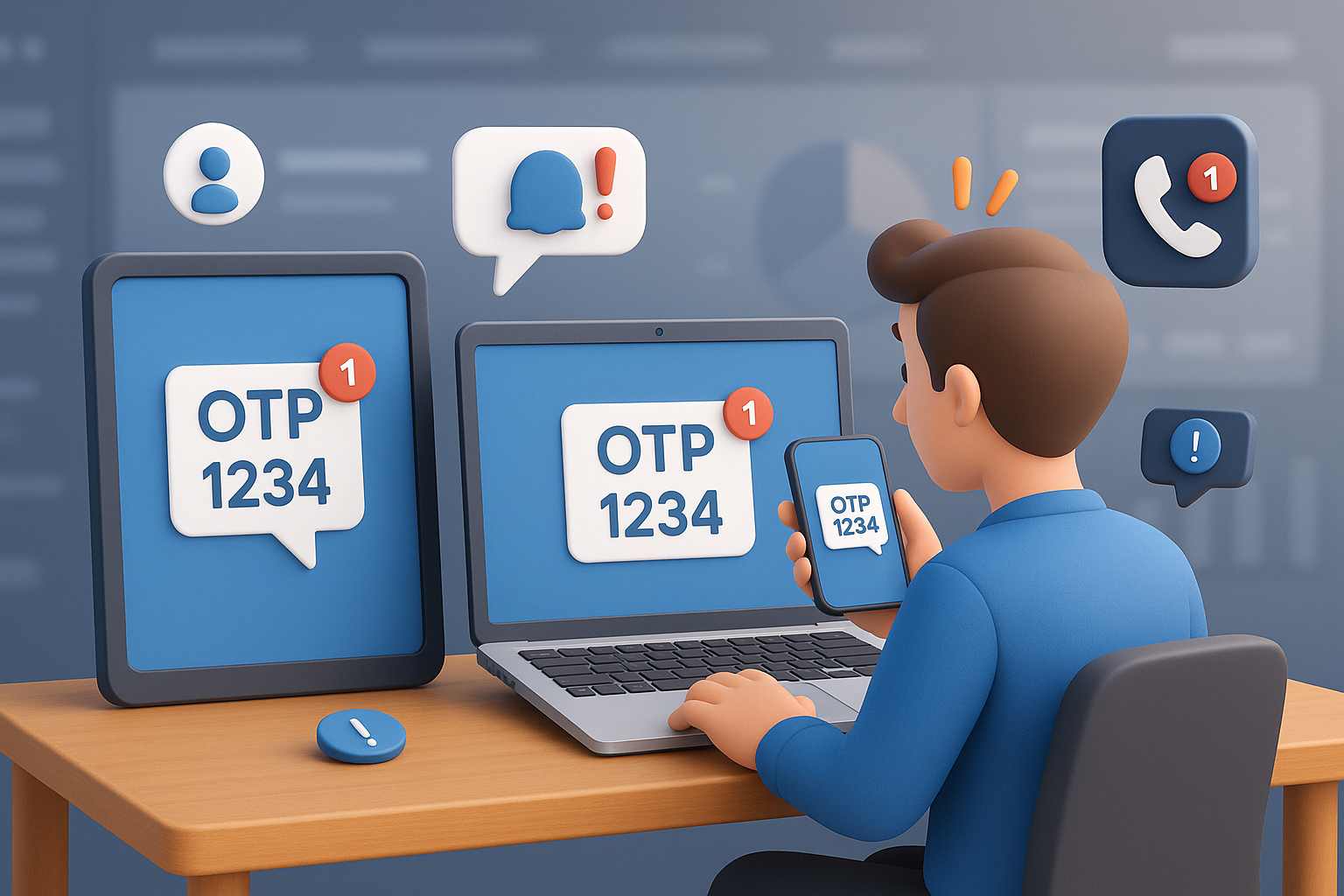 Illustration of multi-device setup receiving otp in a dashboard screen blur setting, with a determined mood.