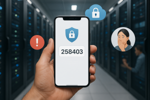 Illustration of hand holding smartphone with otp code in a data center interior setting, with a focused mood.
