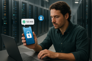 Illustration of secure lock symbol on mobile in a data center interior setting, with a focused mood.