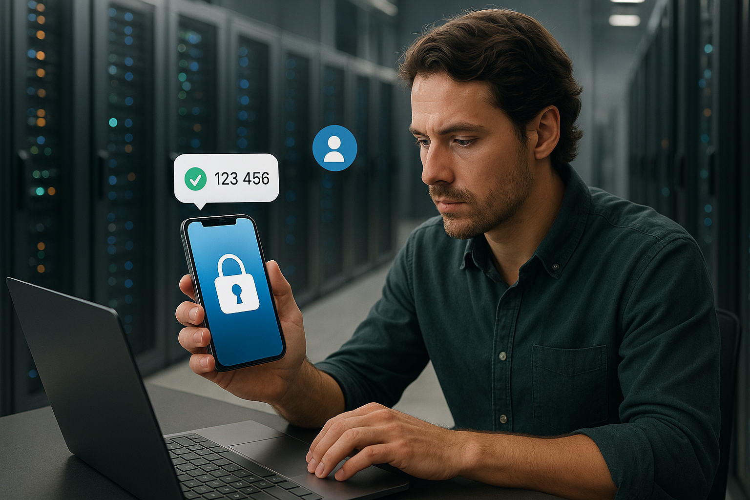 Illustration of secure lock symbol on mobile in a data center interior setting, with a focused mood.