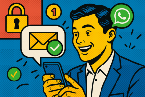 Illustration of sms notification popping up in a secure sms transmission visual setting, with a happy mood.