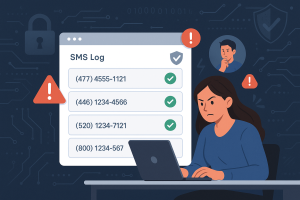 Illustration of dashboard rendering sms logs in a abstract cybersecurity pattern setting, with a determined mood.