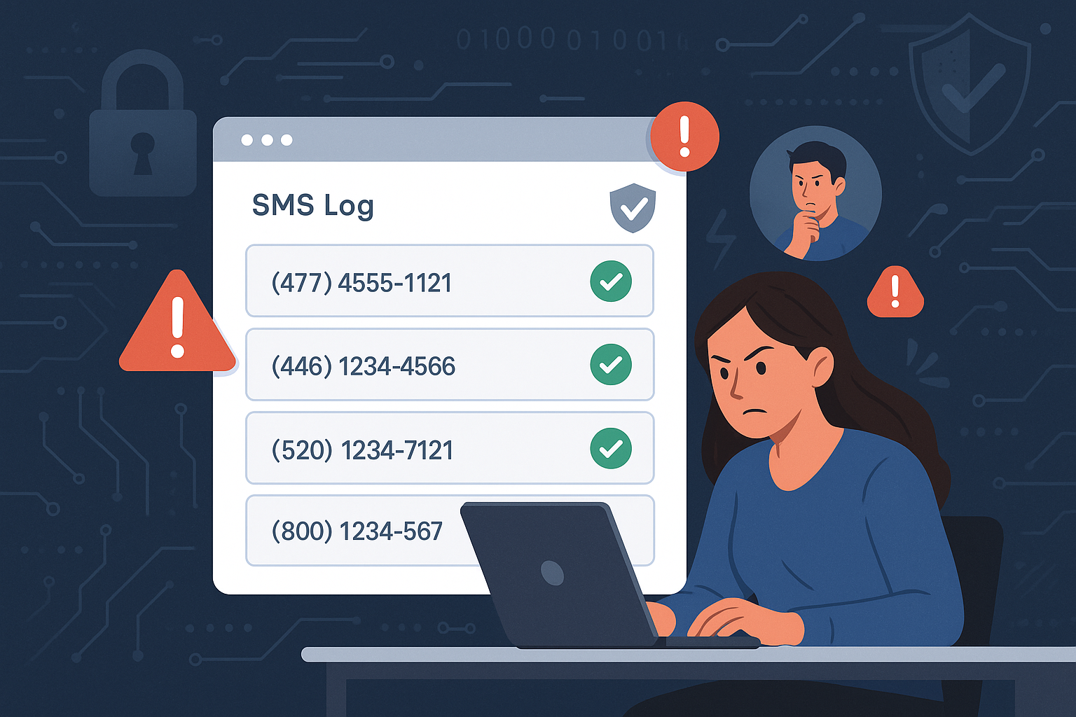 Illustration of dashboard rendering sms logs in a abstract cybersecurity pattern setting, with a determined mood.