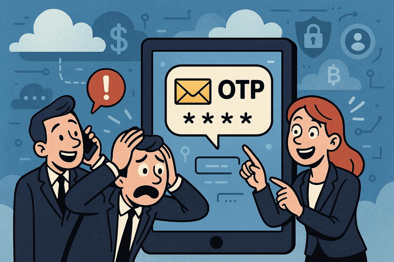 Illustration of otp message displayed on tablet in a cloud technology overlay setting, with a creative mood.