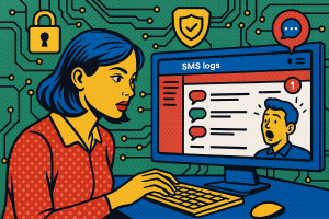 Illustration of dashboard rendering sms logs in a locked circuit board design setting, with a focused mood.