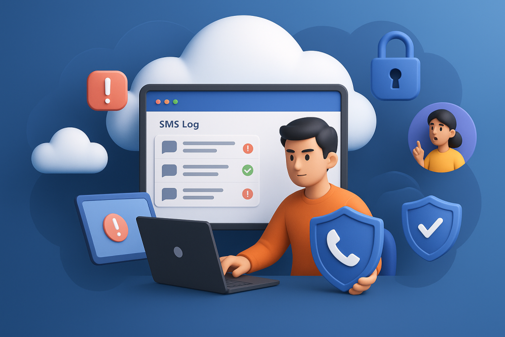 Illustration of dashboard rendering sms logs in a cloud technology overlay setting, with a determined mood.