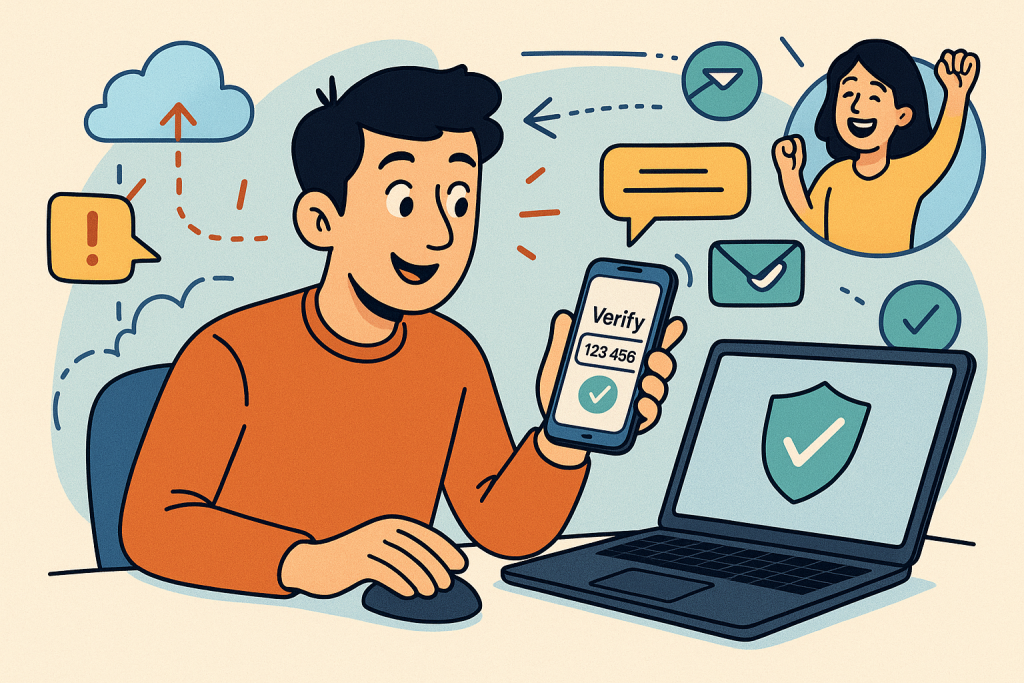 Illustration of user verifying login on app in a secure sms transmission visual setting, with a inspired mood.