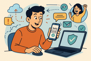 Illustration of user verifying login on app in a secure sms transmission visual setting, with a inspired mood.