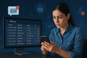 Illustration of dashboard rendering sms logs in a abstract cybersecurity pattern setting, with a determined mood.
