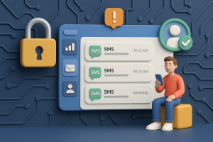 Illustration of dashboard rendering sms logs in a locked circuit board design setting, with a relaxed mood.