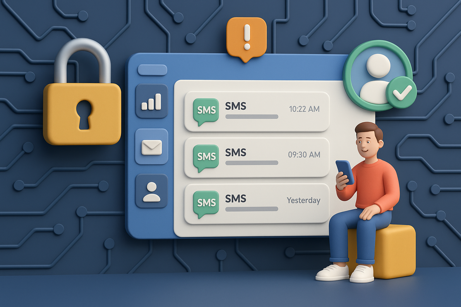 Illustration of dashboard rendering sms logs in a locked circuit board design setting, with a relaxed mood.
